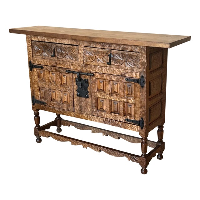 19th Spanish Baroque Carved Walnut Tuscan Two Drawer Credenza or Buffet For Sale