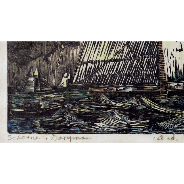 "Schooner + Doryman" First Edition Hand-Colored Woodblock Print by Byron Randall For Sale In Monterey, CA - Image 6 of 7