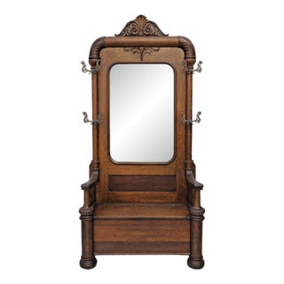 Monumental Antique American Tiger Oak Hall Tree With Mirror & Lift-Top Seat, C. 1890s For Sale