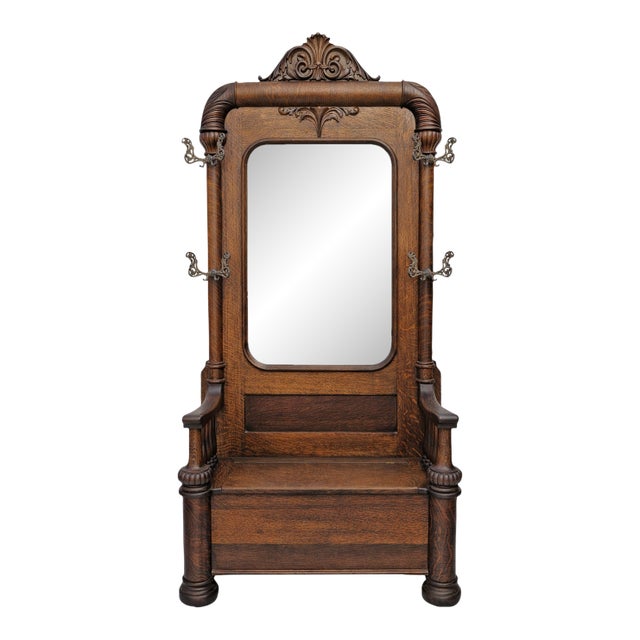 Monumental Antique American Tiger Oak Hall Tree With Mirror & Lift-Top Seat, C. 1890s For Sale