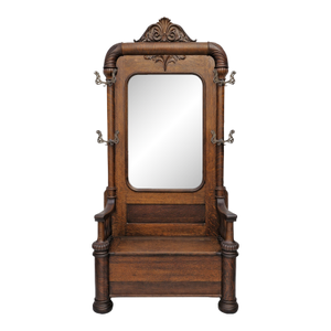 Monumental Antique American Tiger Oak Hall Tree With Mirror & Lift-Top Seat, C. 1890s