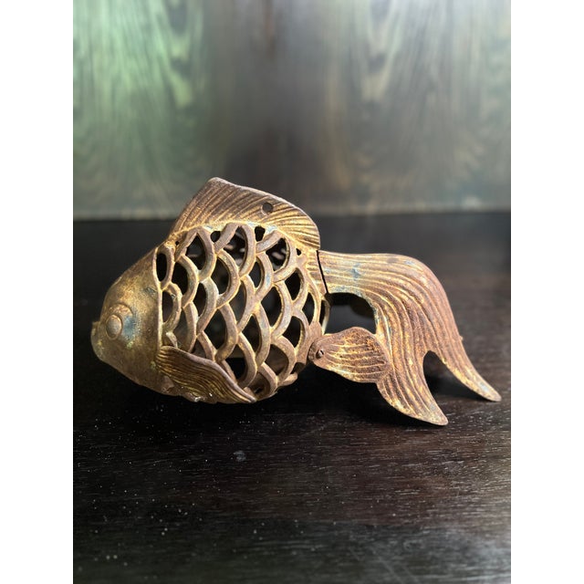 Late 20th Century Cast Iron Fish Lantern With Patina For Sale - Image 4 of 5