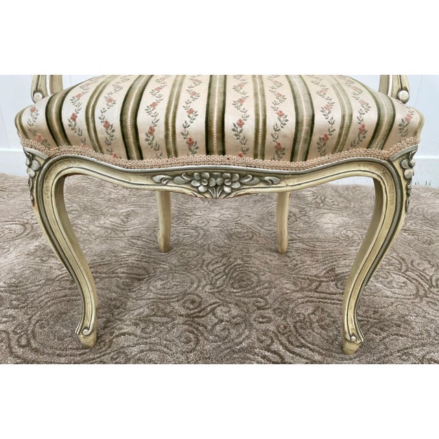 Painted Wood Arm Chair Vintage Venetian Style Carved Cream Green Floral Stripe For Sale - Image 4 of 13