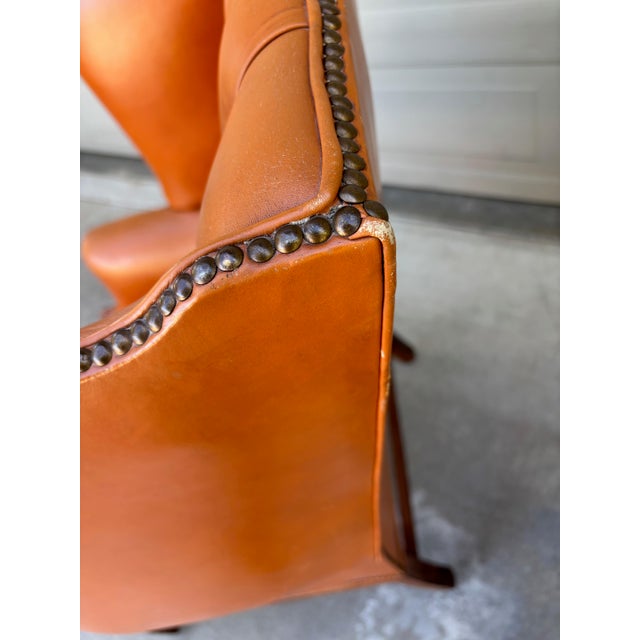 Vintage Chesterfield Georgian Leather Wing Back Button Tufted Chair Ottoman Brass Nailhead For Sale - Image 11 of 16