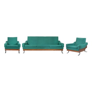 Vintage Sofa and Lounge Chairs in Wood and Metal from Workshop Saporiti Italia, 1950s, Set of 3 For Sale