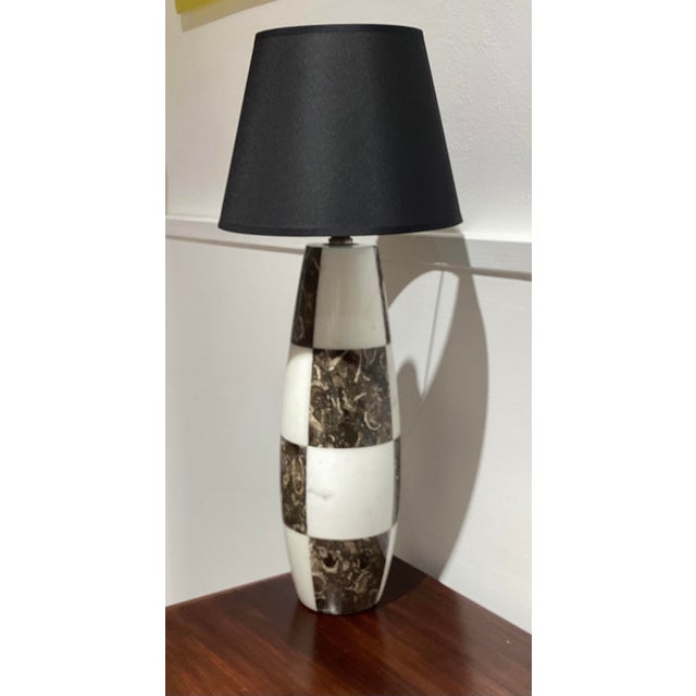 Beautiful lamp in Carrara marble and brown fossil marble, very heavy This piece is designed in the style of the selected...