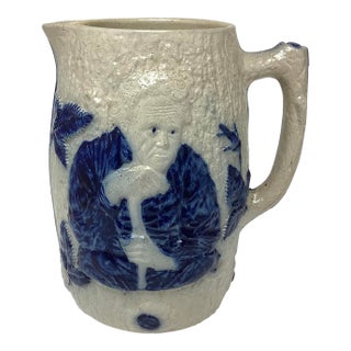 Antique Whites of Utica Stoneware Figural Pitcher or Jug With Blue Decoration For Sale
