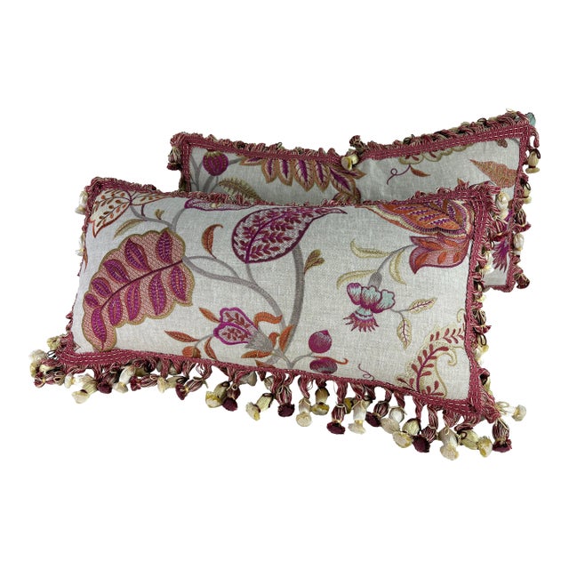 Vibrant Botanical Tasseled Brocade Linen Lumbar Pillows/a Pair For Sale