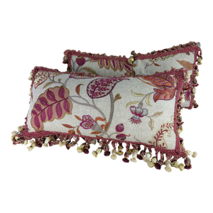 Vibrant Botanical Tasseled Brocade Linen Lumbar Pillows/a Pair