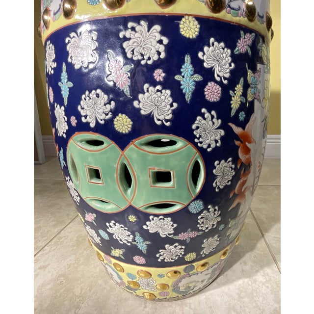 Exquisite Vintage Chinese Famille Rose Porcelain Garden Seat With Dragon Motif For Sale - Image 11 of 12