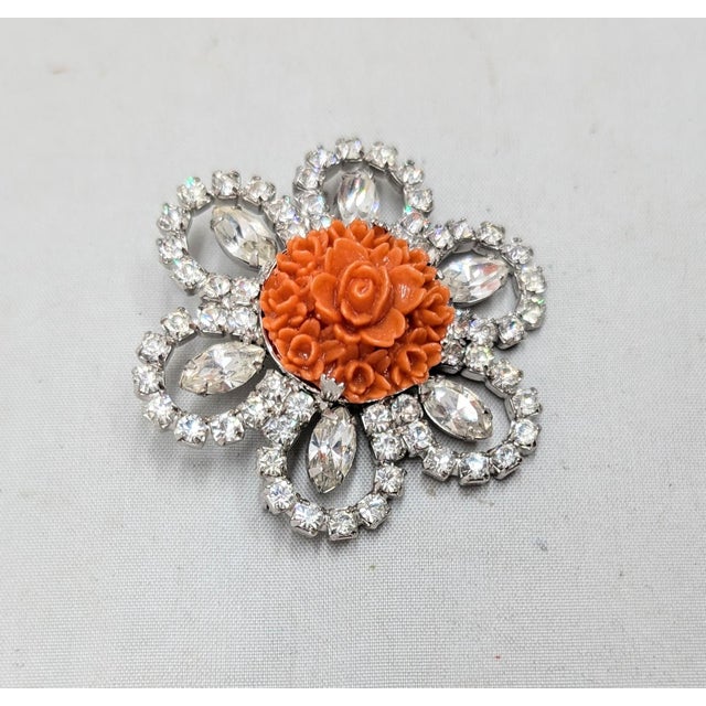 Mid-Century Modern Vintage 1950s Signed Kramer Carved Faux-Coral & Clear Rhinestone Brooch For Sale - Image 3 of 7