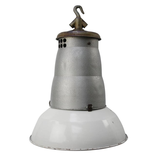 1950s Large Vintage Industrial French Light Grey Enamel Pendant Light from Mazda For Sale - Image 5 of 5