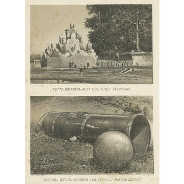 Antique print Indonesia titled 'Kotta Goenoengan of Taman, met Bezetting' and 'Monster Kanon, liggende aan de Poort van...