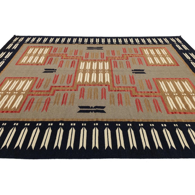 Textile Hand-Knotted Modern Navajo Style Grey Wool Rug - Geometric Arrow Motif - 9x12 For Sale - Image 7 of 11