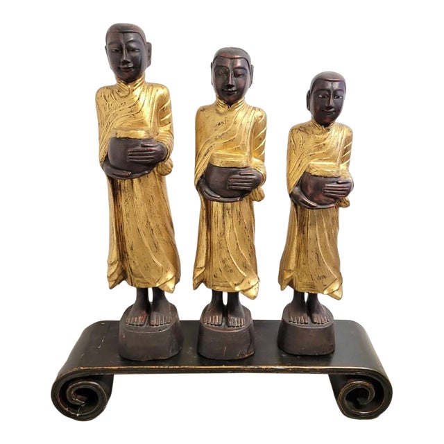 Set of Three Large Carved Gilt Thai Monks on Scroll Base, Late 20th Century For Sale