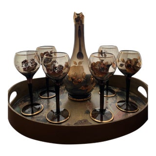 Vintage Mid Century Smoky Grey Glass Pitcher/Decanter With 6 Matching Goblets - 7 pcs For Sale