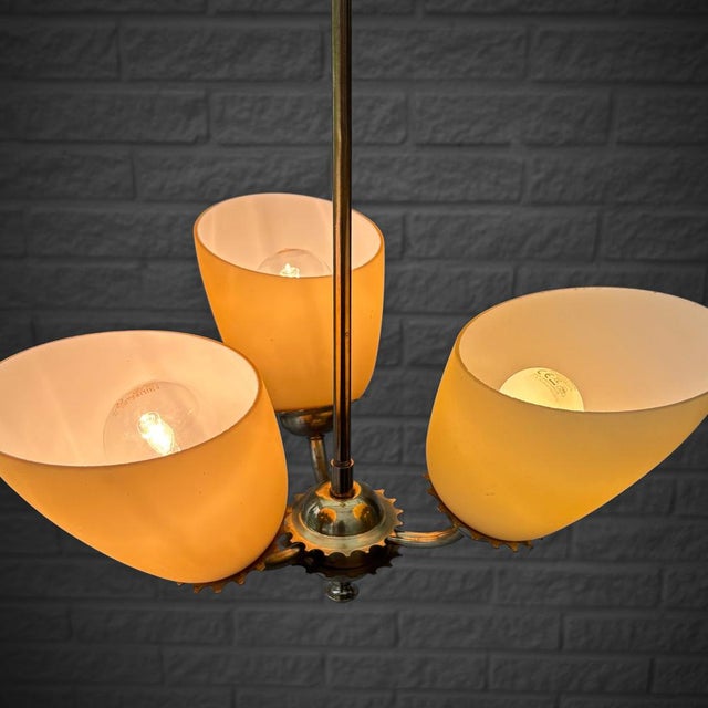Scandinavian 3-Arm Chandelier in Brass and Yellow Glass, Sweden, 1940s For Sale - Image 4 of 10