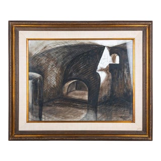 "Vaulted Interior"." Framed Gouache on Paper For Sale