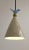 Gray ceramic cone shaped pendant light is handmade with blue and green accent beads and detailed with thin, white stripes....