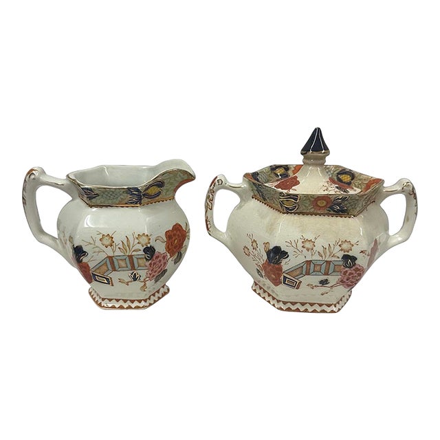 Antique Woods Ware Wincanton Hand Painted Porcelain Creamer and Sugar Bowl For Sale
