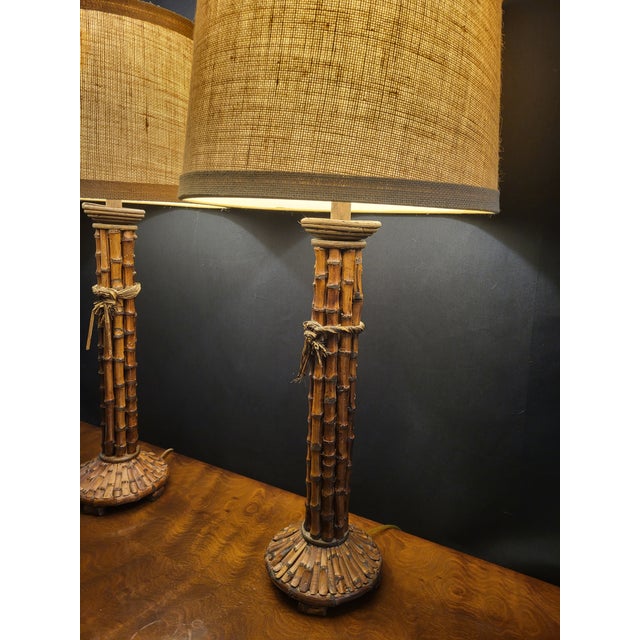 Vintage Natural Bamboo Column Table Lamps With Burlap Shades - a Pair For Sale In Washington DC - Image 6 of 7
