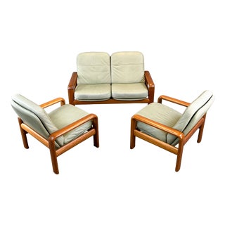 Sofas and Lounge Chairs in Teak and Leather from Dyrlund, 1960s, Set of 3 For Sale