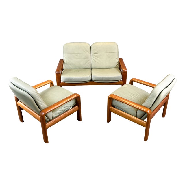 Sofas and Lounge Chairs in Teak and Leather from Dyrlund, 1960s, Set of 3 For Sale