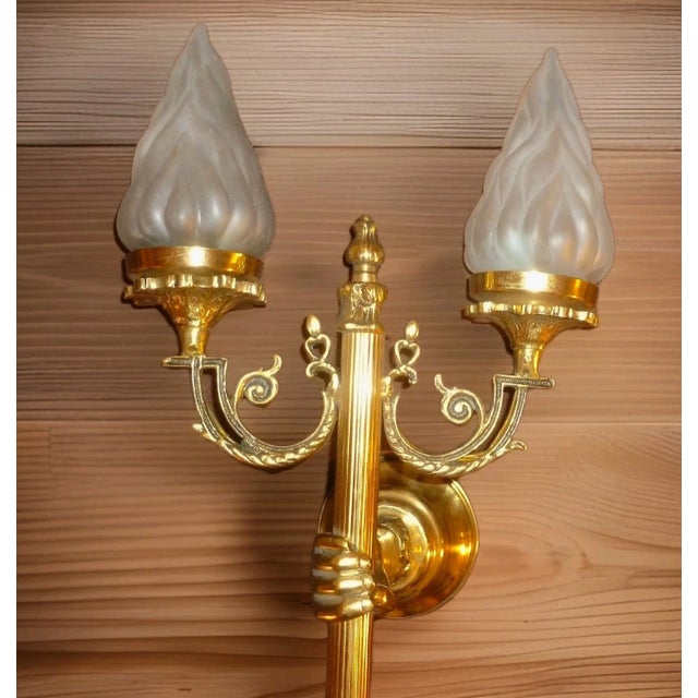 Antique 20" French Regency Brass/ Bronze Hand Held Torch Wall Sconce With Flame Shades For Sale - Image 17 of 18