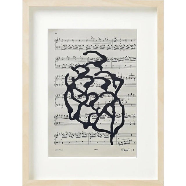 2020s 14.6" by 17.3" Natural Wood Shadow Box Framed Original Drawings 'Black and White Floral Abstractions on Music Score Sheets' #4 - Wall Gallery For Sale - Image 5 of 11
