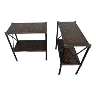 Raised Flowers Design on Black Two Tiers Side Tables a Pair 6011 For Sale