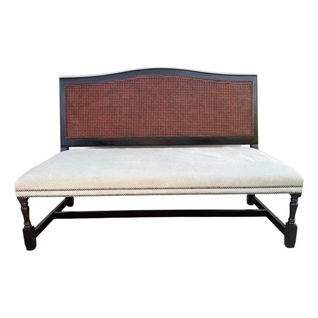 1980s French Provincial Style Ebonized & Caned High-Back Bench With Nailhead Trim For Sale