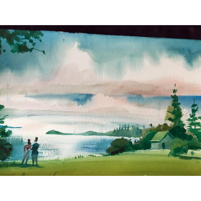 This original watercolor by David Beynon Pena of a couple looking across Penobscot Bay towards the mainland.