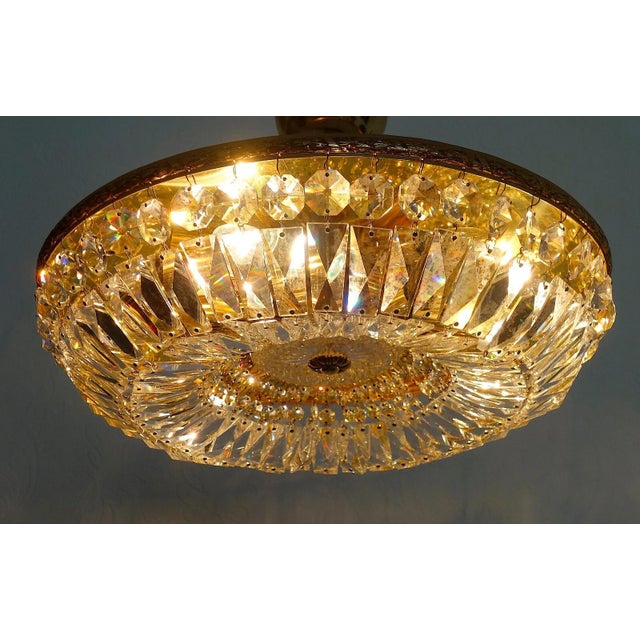 1960's Austrian Regency Gold Plate Framed Cut Lead Crystal Ceiling Flush Mount/ Plafonnier Lighting Fixture by Palme & Walter For Sale - Image 10 of 18