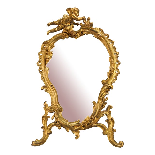 Rococo French Gilt Bronze Desktop Mirror with Cherub and Bird, 1890s For Sale