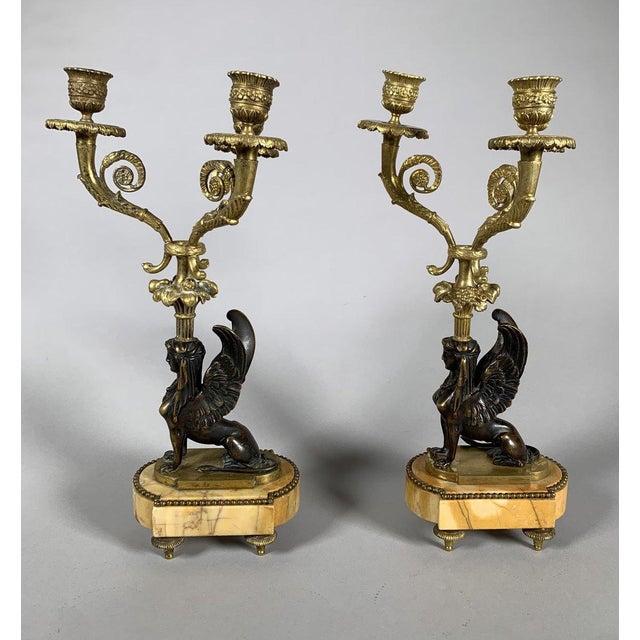 Traditional Pair of Gilt Bronze Sphinx Candelabra, Early 19th Century, Restoration Period For Sale - Image 3 of 6