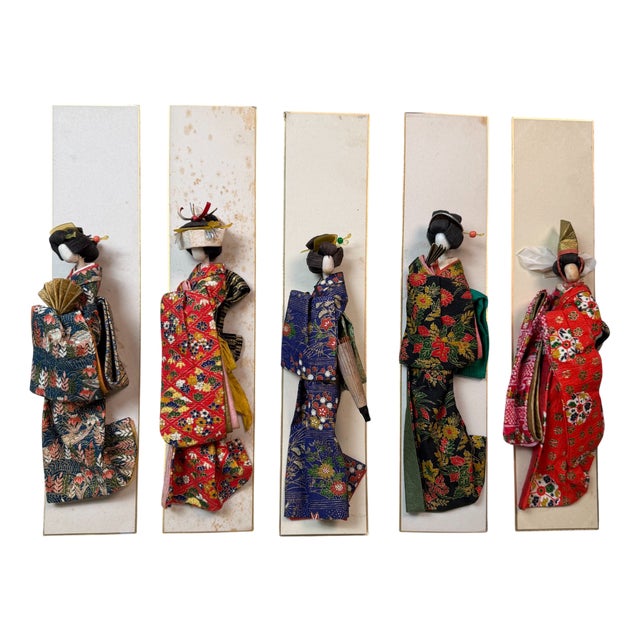 Vintage Japanese Geisha Figures on Shikishi Panels, 1950s, Set of 5 For Sale