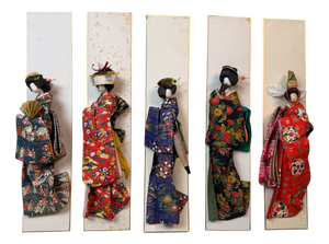 Vintage Japanese Geisha Figures on Shikishi Panels, 1950s, Set of 5