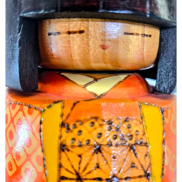 Wood Vintage Sosaku Japanese Kokeshi Doll, Signed, Orange Geometric Kimono For Sale - Image 7 of 9
