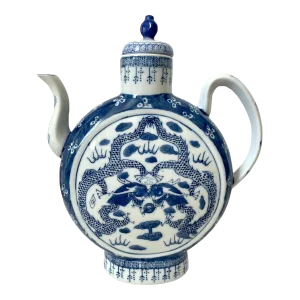 Large Vintage, Blue and White Chinese Tea Pot Featuring Dragons and a Floral Motif. Signed on the Base.