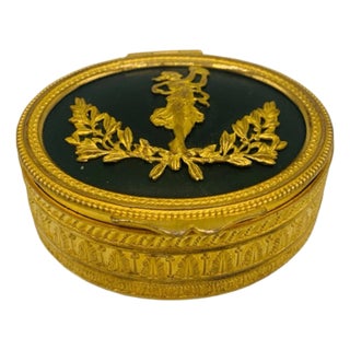 Antique French Neoclassical Ormolu Box With Dancing Muse & Stripe Tapestry Lining, Belle Époque, Circa 1900 For Sale