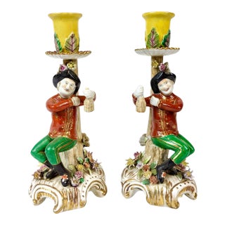 Late 20th Century Hand Painted Porcelain Candle Holders - a Pair For Sale