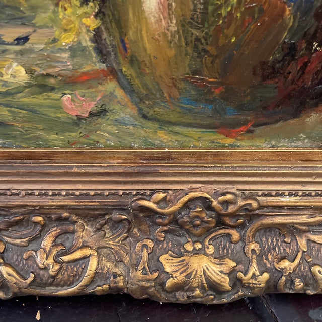 Wood 1930s Antique French Oil on Cardboard Painting, Signed, Framed For Sale - Image 7 of 11