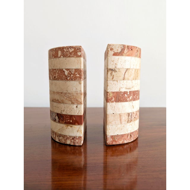1970s Vintage Striped Travertine Demilune Bookends by Fratelli Mannelli, 1970s, Set of 2 For Sale - Image 5 of 16
