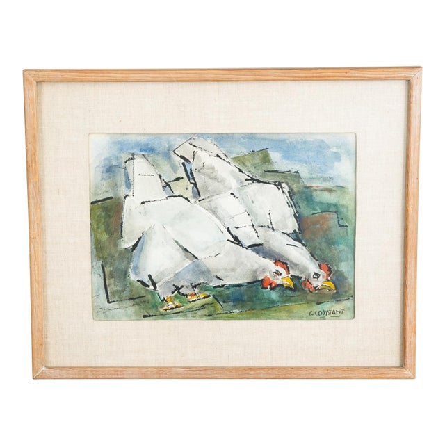 Mid Century Modern Watercolor George Constant Chickens Signed Painting Original For Sale