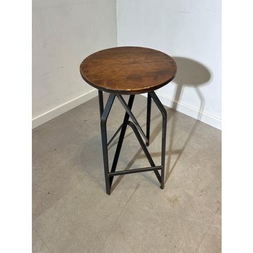Industrial Wooden Stool with Metal Base For Sale - Image 5 of 7