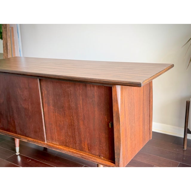 Vintage American Mid Century Modern Walnut Credenza, Sliding Door Sideboard, Media Console, Tv Stand & Record Cabinet For Sale - Image 10 of 11