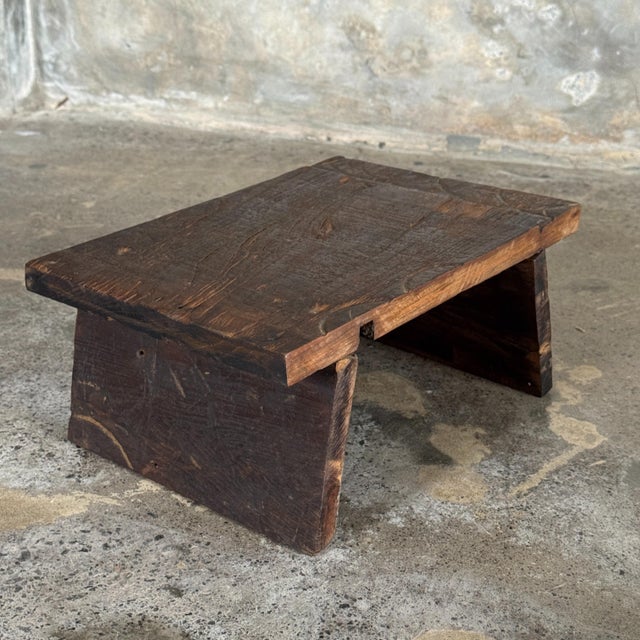 Small Occasional Stool in Upcycled Dark Brown Teak with Engraved Wood Finish, 1990s For Sale - Image 11 of 13