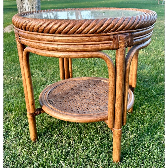 1970s Boho Chic Rattan Round Table Set For Sale - Image 4 of 9