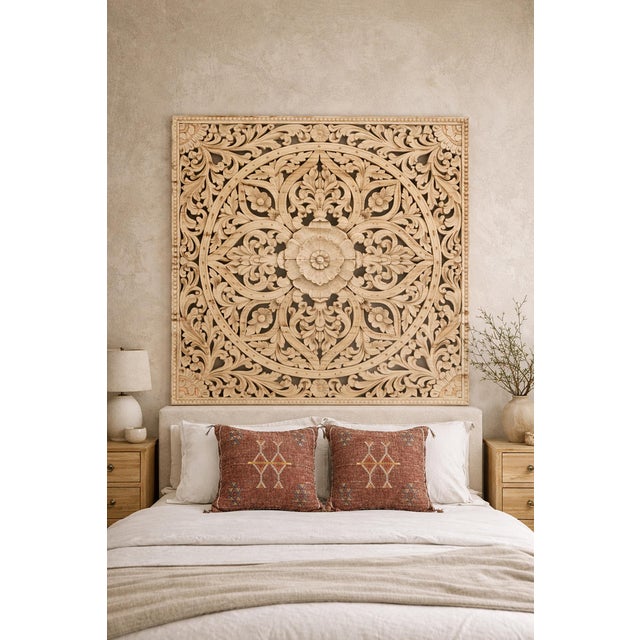 Vintage Natural Square Teak Indian Boho Carved Panel / Headboard For Sale - Image 4 of 4