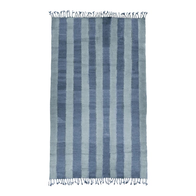 Double-Sided Natural Indigo Dyed Chambray Striped Wool Moroccan Flatweave Kilim Rug - 4x6 For Sale